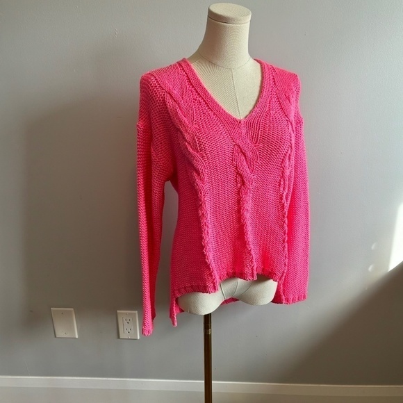 H&M Women's Cable Knit V-neck Long Sleeve Drop Shoulder Bright Pink Sweater SZ S - Picture 1 of 7